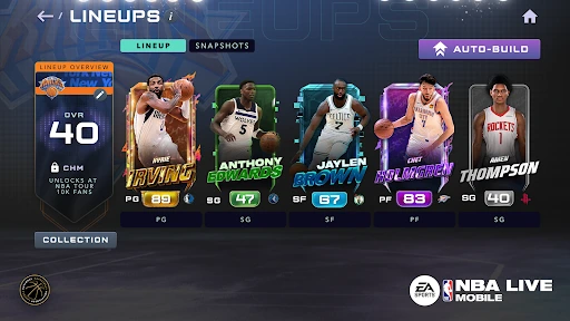 Captura de NBA LIVE Mobile: gestión del equipo y plantilla
